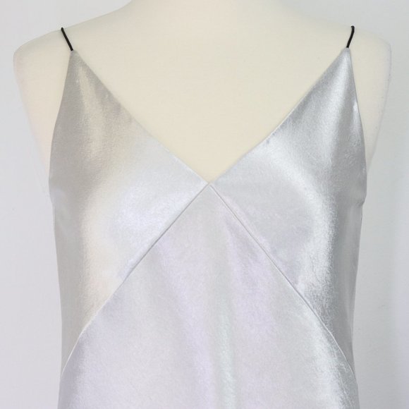 Vince Metallic Satin V-Neck Cami Sleeveless Skinny Strap Camisole Tank Silver XS - Picture 6 of 8
